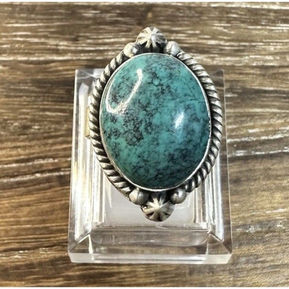 Native Southwest Style Sterling Silver Hubei Turquoise Rope Edge Ring Sz 7.5 Adj